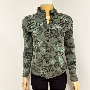 Sigrid Olsen Green‎ and Black Floral Button Down Shirt Coat Sweater XS